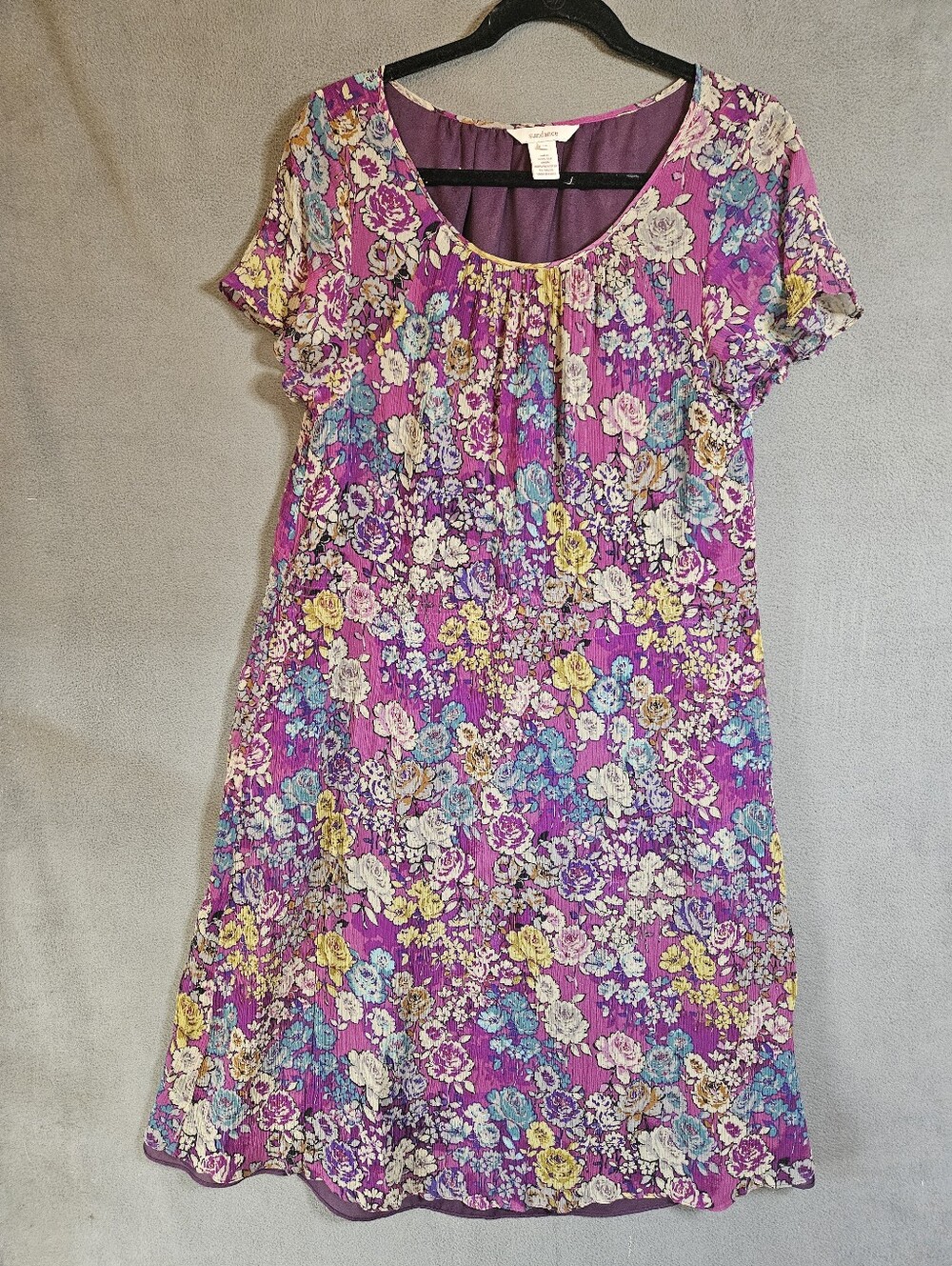 SUNDANCE Silk Floral Smocked Multicolor Short Sleeve Dress Size 14 Cottagecore